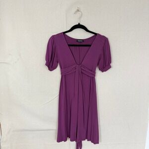 Bebe Purple Deep V-Neck Empire Waist Tie Back Mini Dress Made in France Small